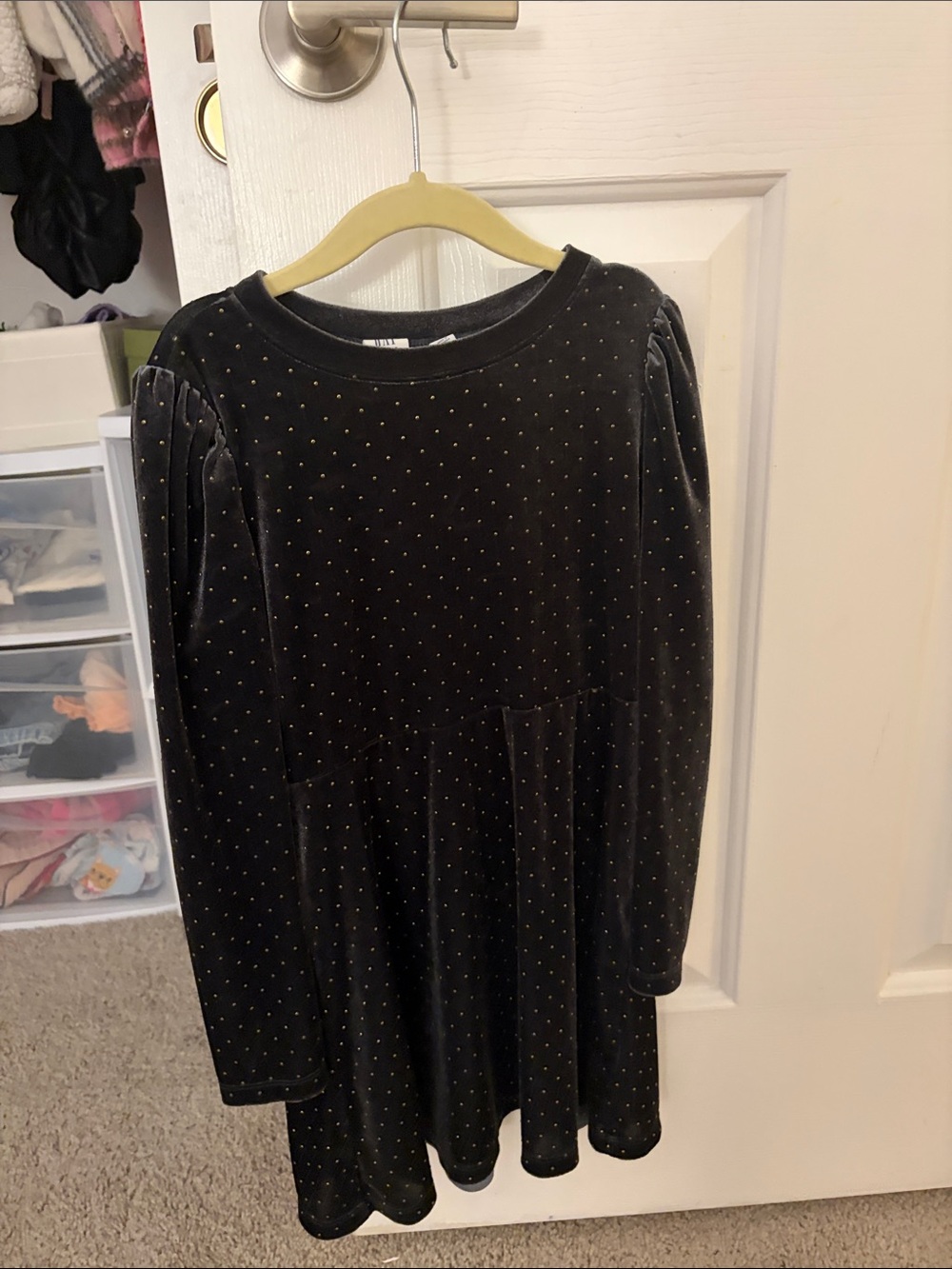 GAP Black Velvet Long-Sleeve Dress with Gold Dot Detail
